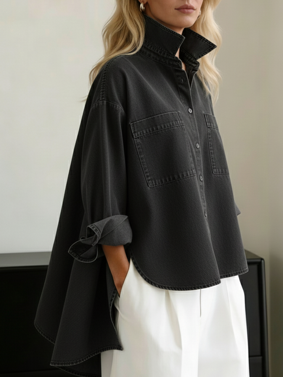 Casual Stand-collar Irregular Hem Denim Shirt Top