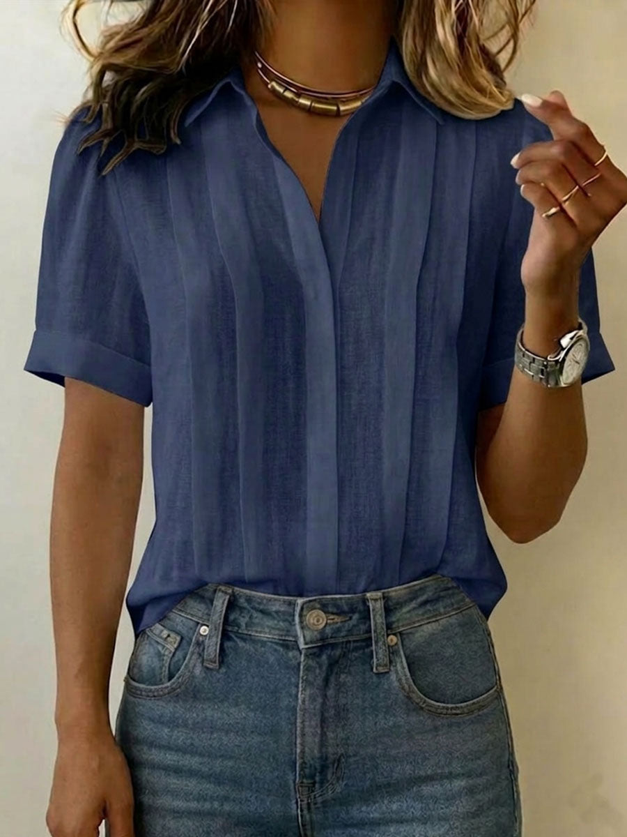 Women's Lapel Short-sleeved Casual Loose Pleated Cotton And Linen Shirt