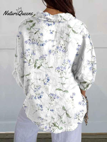 Women's Purple Floral Print Casual Linen V-neck Shirt