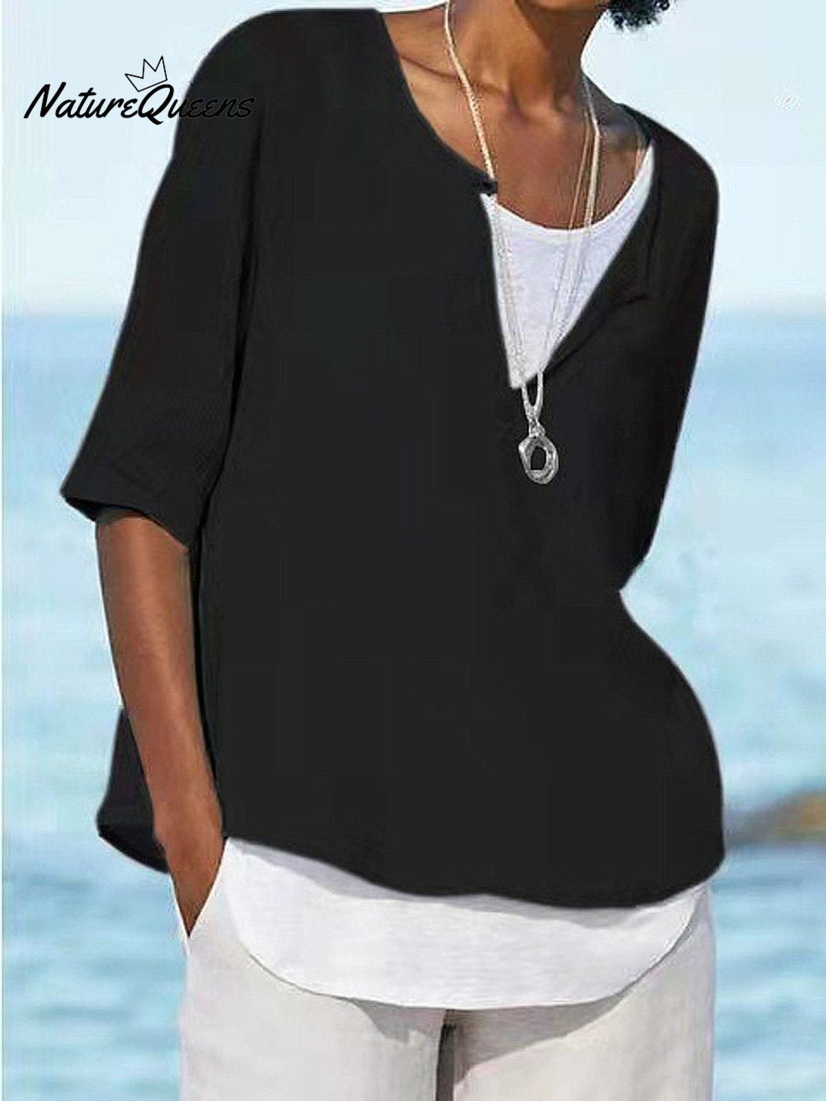 Women's Solid Color Loose Elegant Casual Cotton And Linen Mid-sleeve Shirt
