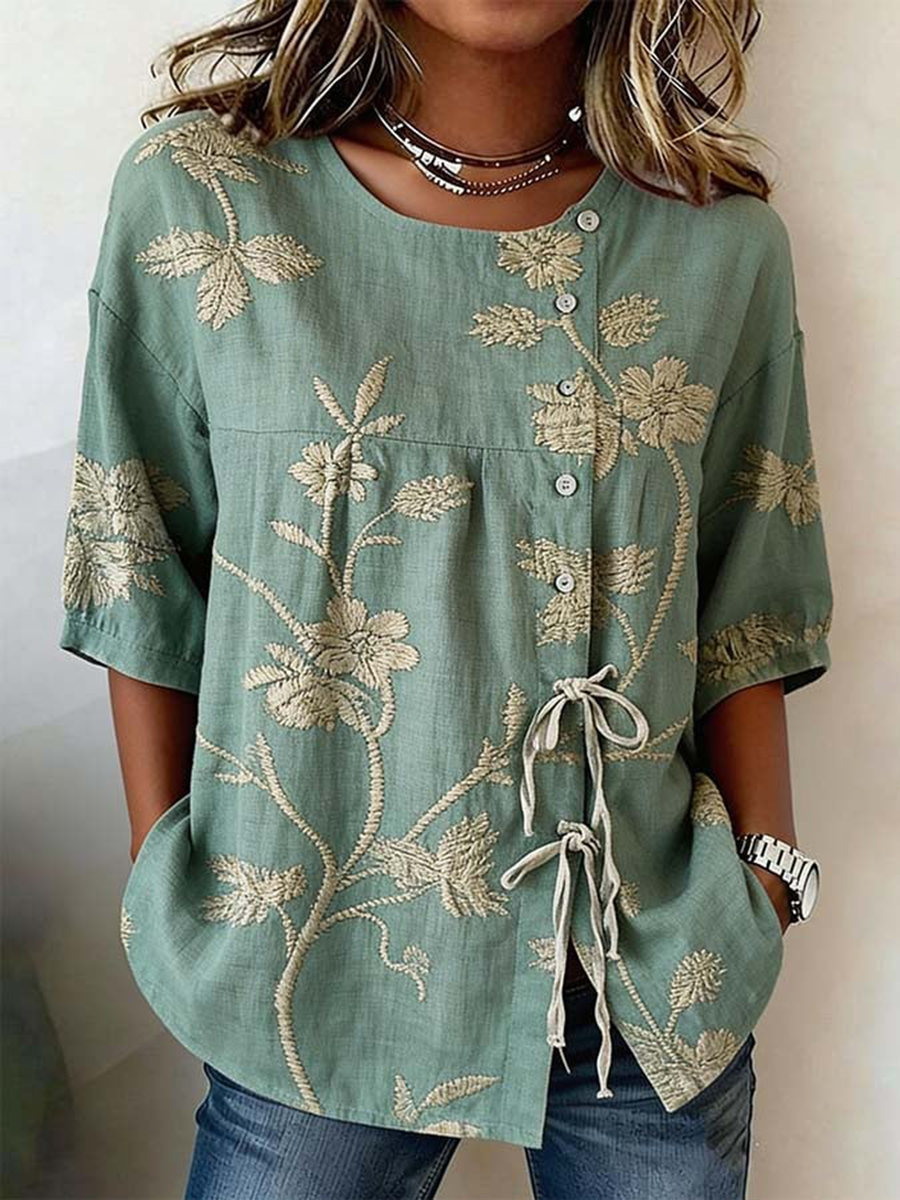 Women's Plants And Flowers Buttoned And Laced Linen Blend Shirt