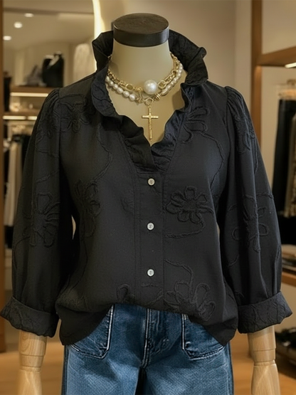 Casual Romantic Ruffled Collar Cotton Shirt