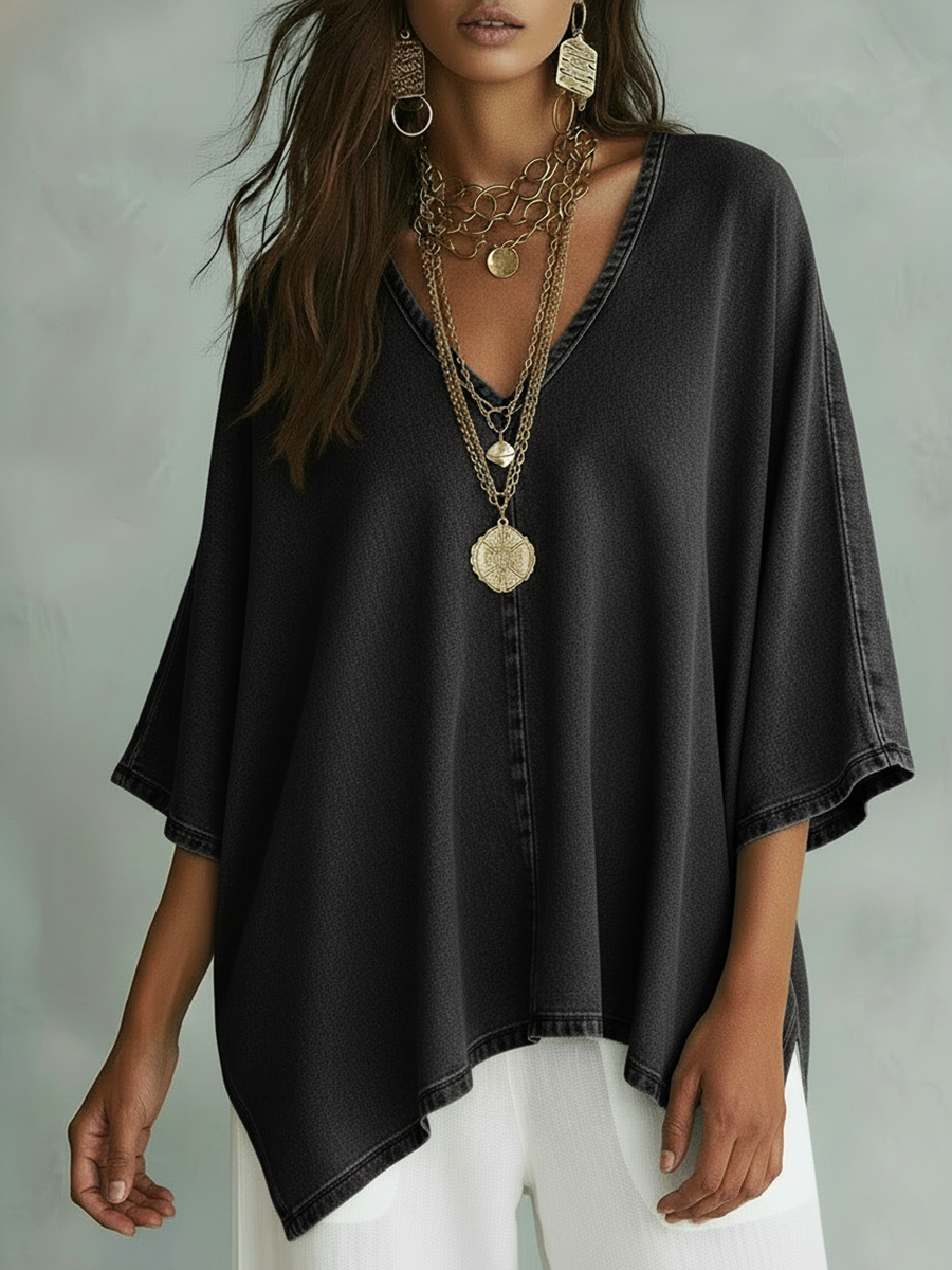 Cozy V-neck Loose-fitting Denim Shirt Top