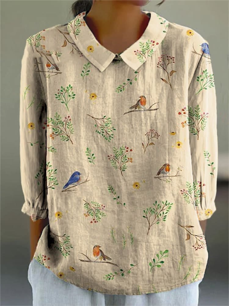 Women's Casual Retro Floral And Bird Print Shirt