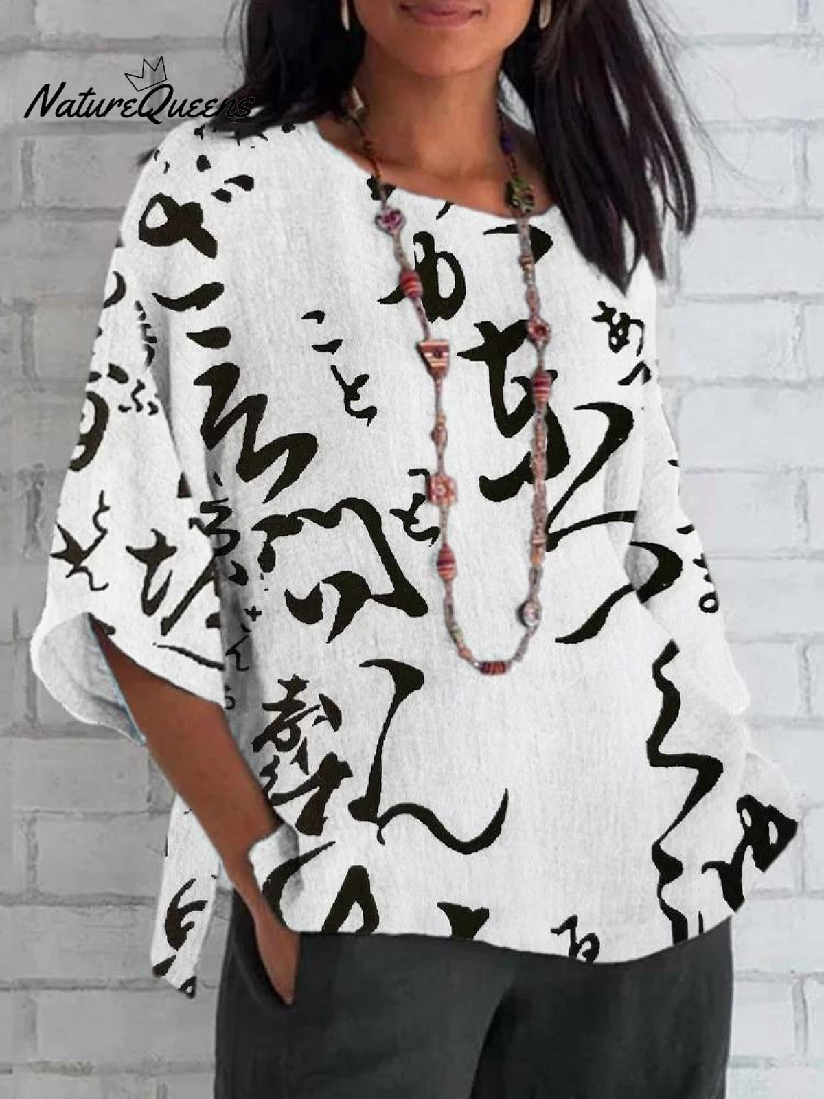 Women's Flower Print Casual Cotton And Linen 3/4 Sleeve Shirt