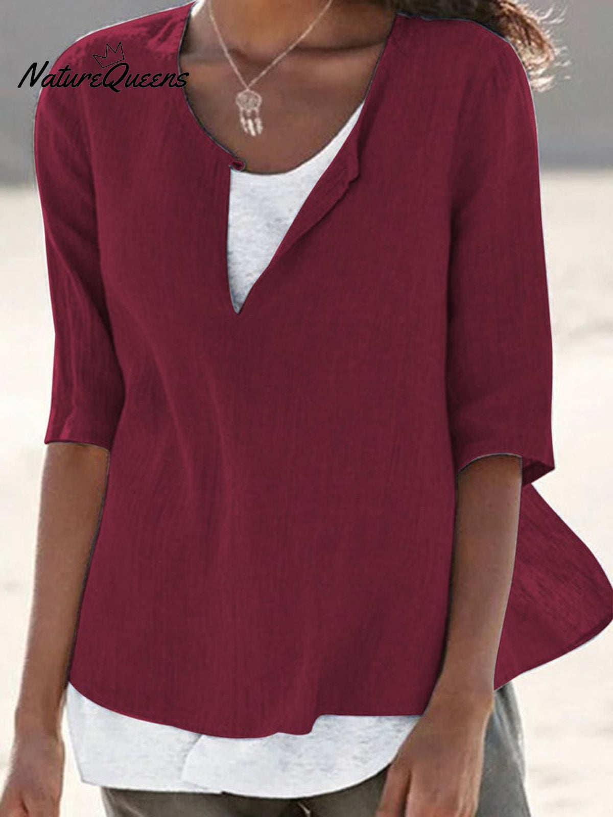 Women's Solid Color Loose Elegant Casual Cotton And Linen Mid-sleeve Shirt