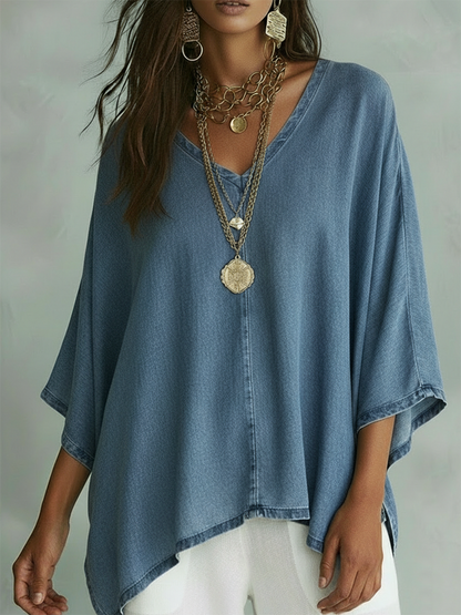 Cozy V-neck Loose-fitting Denim Shirt Top