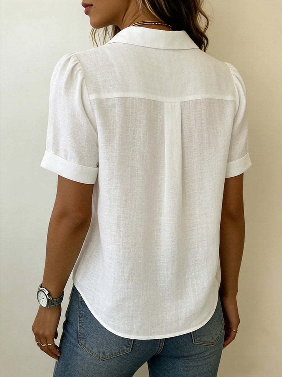 Women's Lapel Short-sleeved Casual Loose Pleated Cotton And Linen Shirt