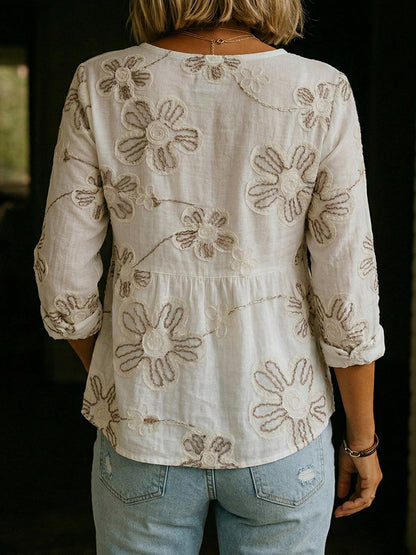 Elegant Three-dimensional Embroidered Cotton Shirt